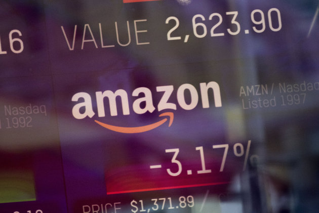 Индекс торговли компании Amazon, показанный на информационной панели биржи NASDAQ. 9 февраля 2018